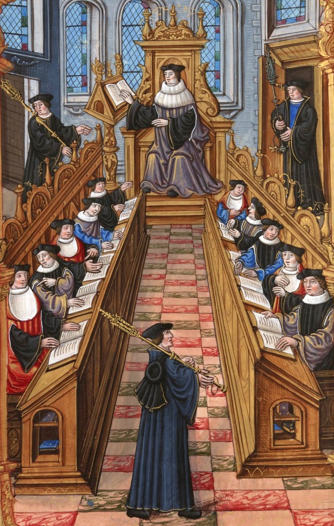Faculty meeting at the university of Paris: BNF, Français 1537, fol. 27v